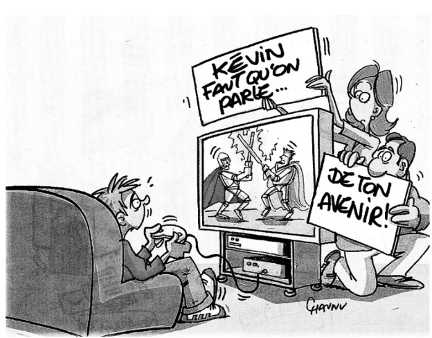 Karikatur: Ein Junge spielt Videospiele, während seine Eltern Schilder hochhalten und ihn zum Aufhören auffordern.